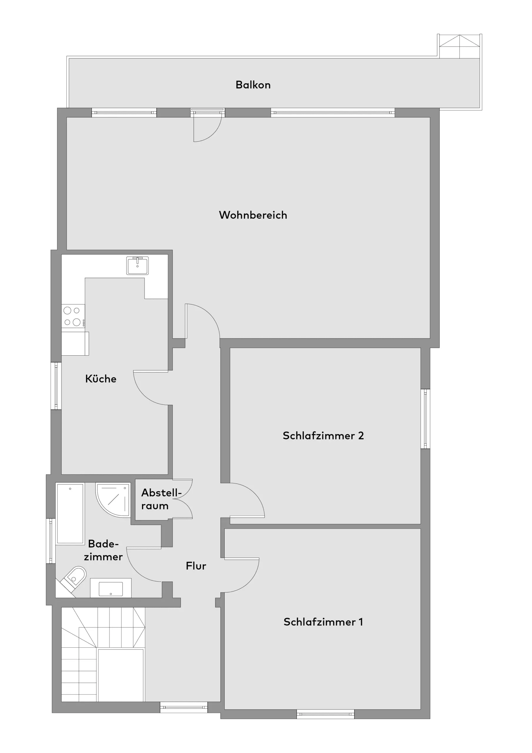 Grundriss einer Wohnung mit einem Wohnbereich, einer Küche, zwei Schlafzimmern, einem Badezimmer, einem Abstellraum, einer Diele und einem Balkon. Der Eingang befindet sich unten links.