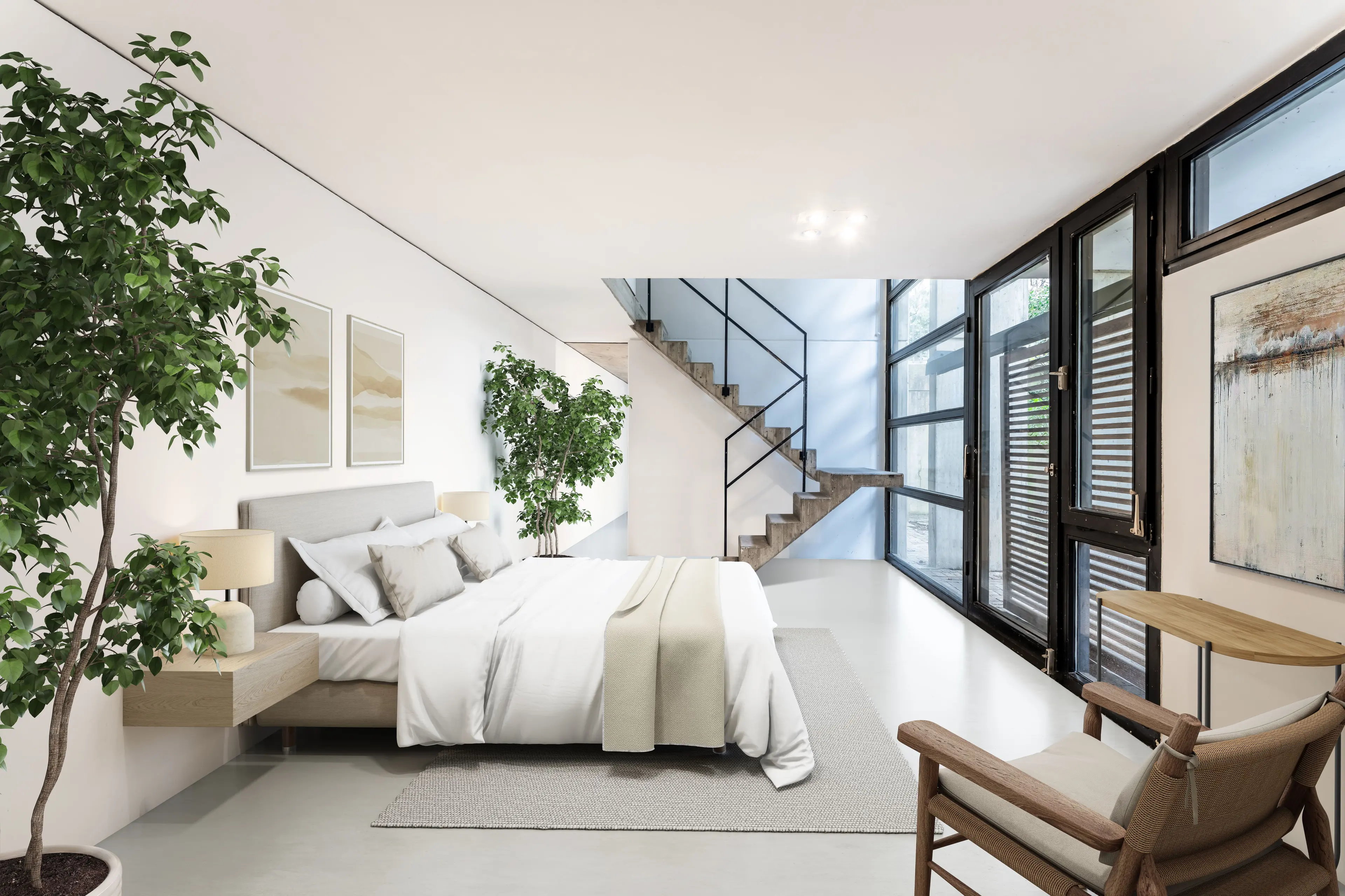 Modernes Schlafzimmer mit großem Bett, minimalistischem Dekor, Zimmerpflanzen, einer Treppe und raumhohen Fenstern, die natürliches Licht hereinlassen. Die Wände sind mit minimalistischen Kunstwerken geschmückt.