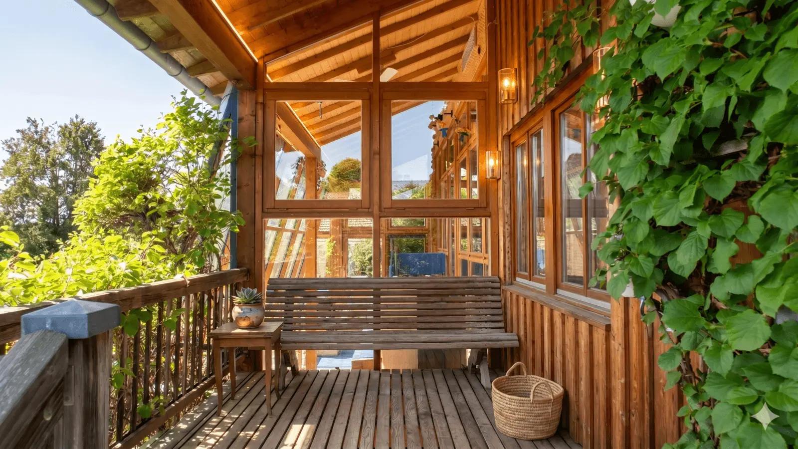 Eine hölzerne Veranda mit einer Bank, einem kleinen Tisch mit einer Topfpflanze, einem Korb und an der Wand befestigten Lampen, umgeben von grünen Pflanzen an einem sonnigen Tag.