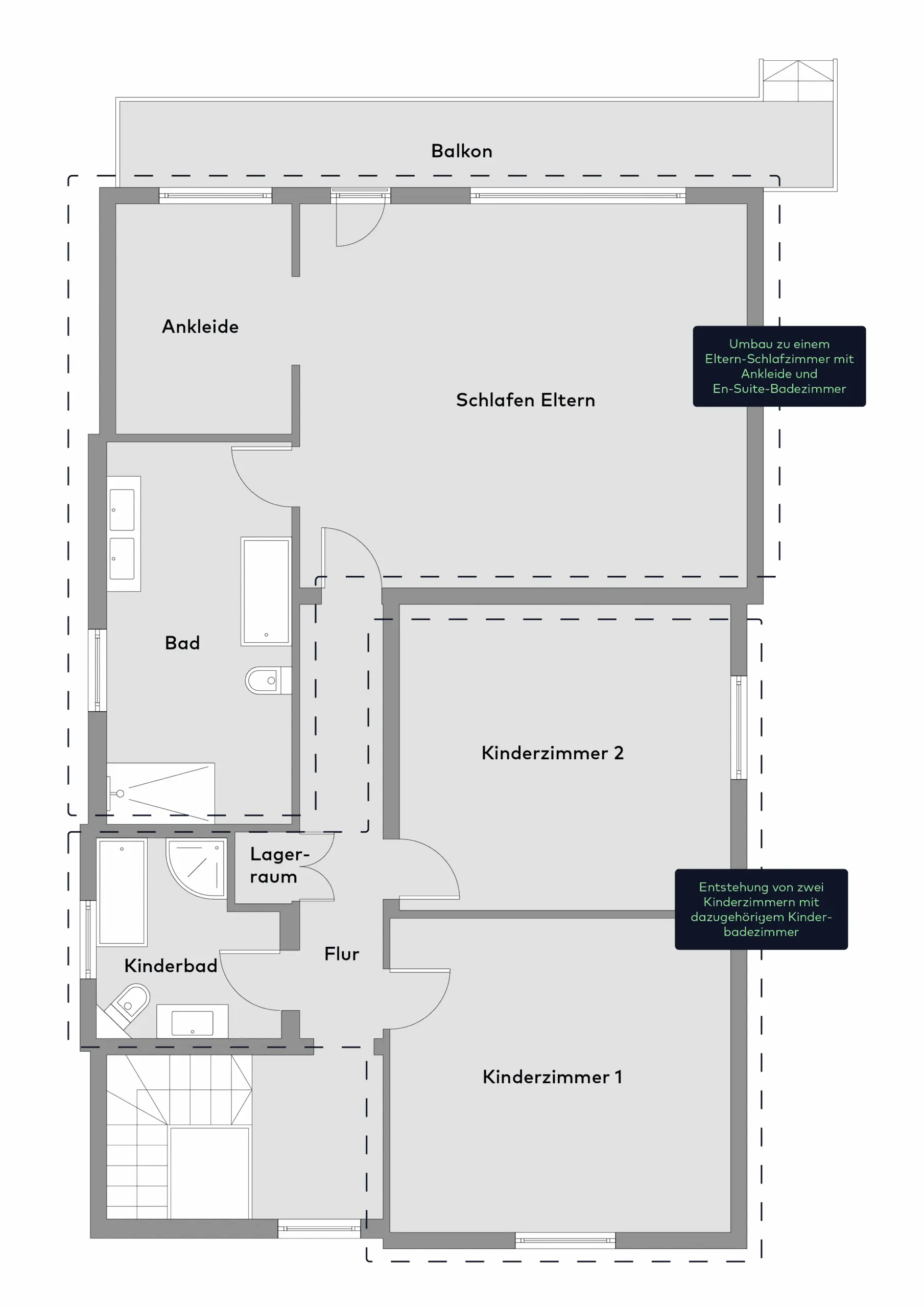 Grundriss einer Wohnung mit Balkon, Hauptschlafzimmer mit begehbarem Kleiderschrank und eigenem Bad, zwei Kinderzimmer, Bad, Kinderbad, Abstellraum und Flur.
