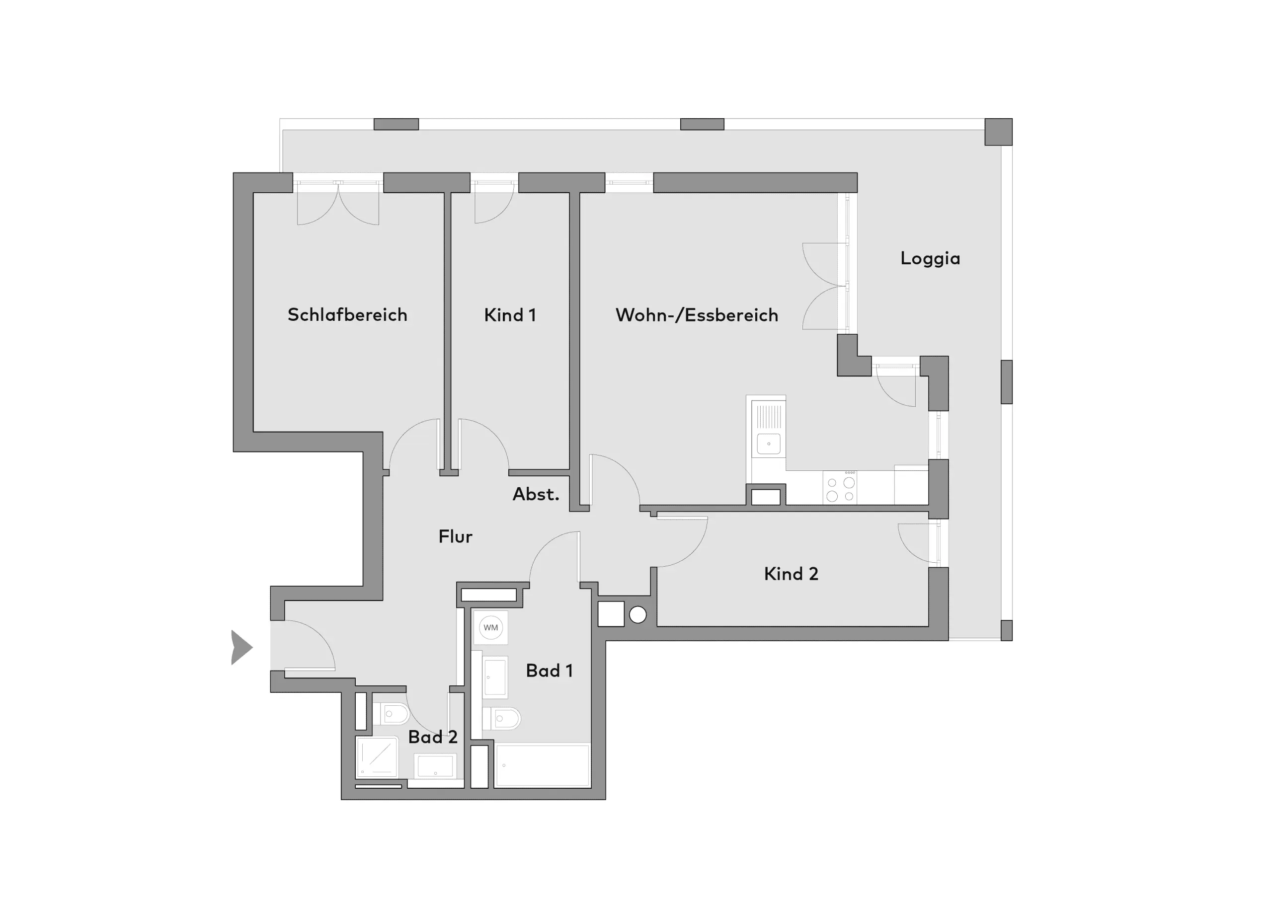 Schwarz-weißer Grundriss einer Wohnung mit beschrifteten Räumen: Schlafbereich, Kind 1, Kind 2, Wohn-/Essbereich, Loggia, Flur, Abst., Bad 1, und Bad 2.