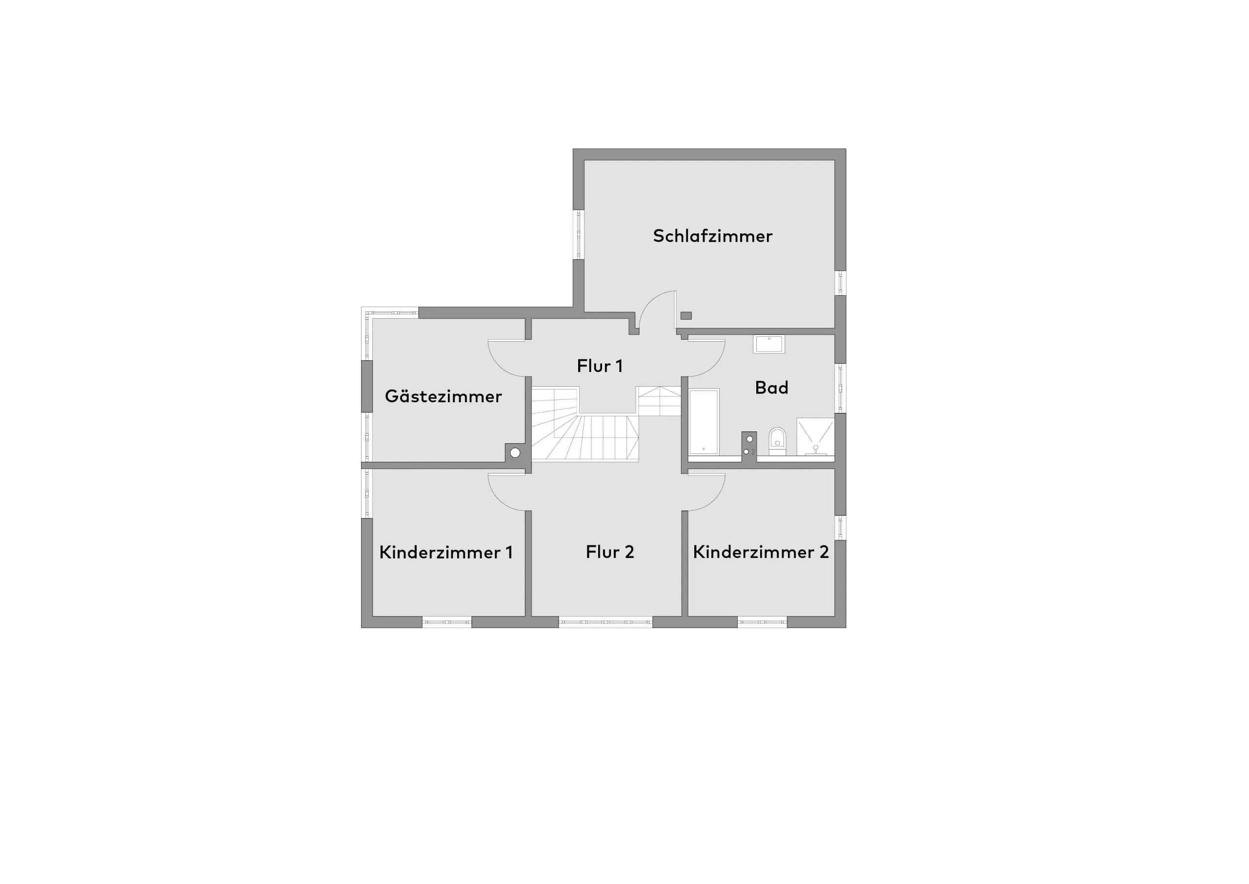 Grundriss mit Schlafzimmer, Gästezimmer, Bad, zwei Kinderzimmern und zwei Fluren mit den Bezeichnungen Flur 1 und Flur 2.