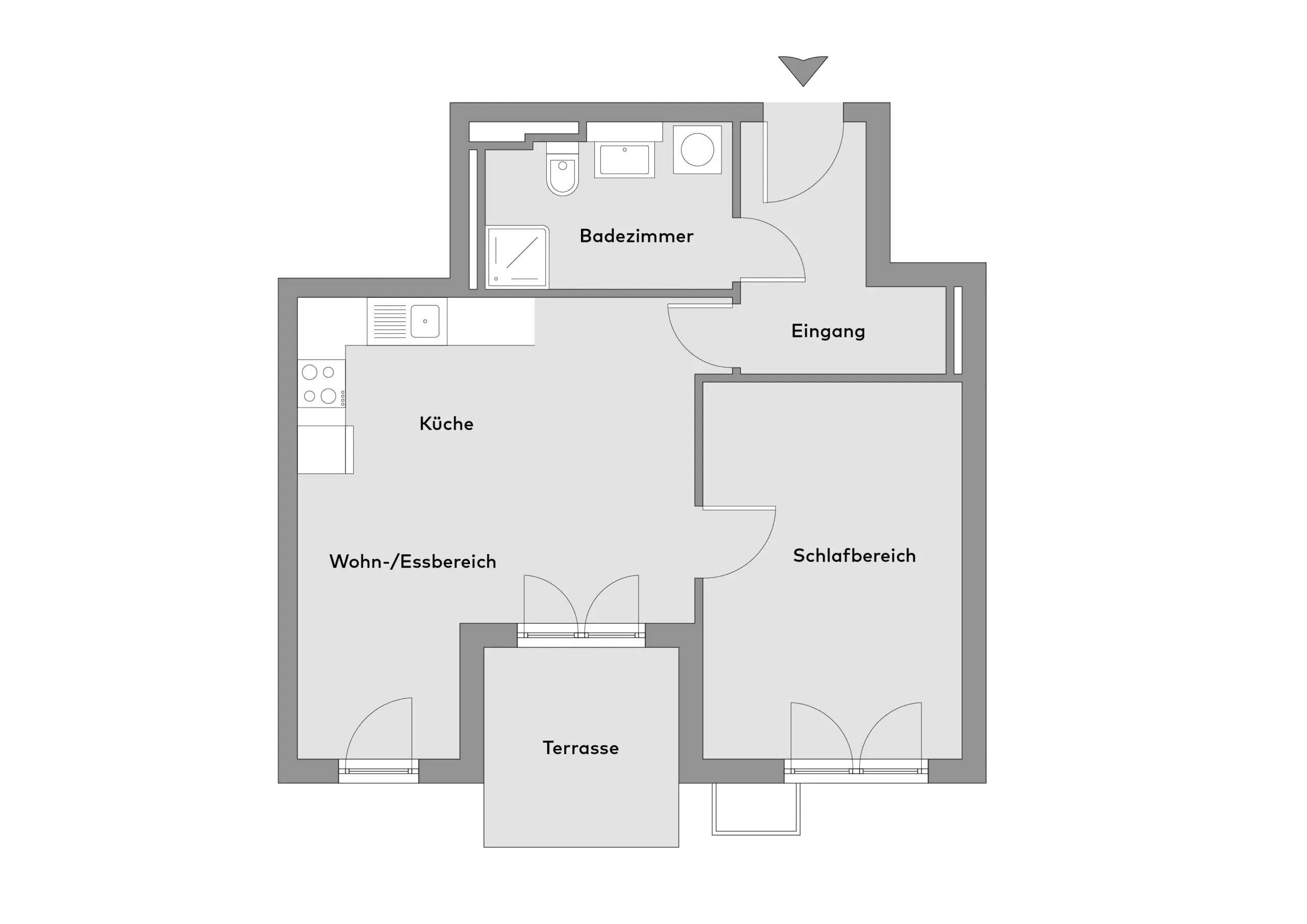 Schwarz-weißer Grundriss einer Wohnung mit beschrifteten Räumen: Bad, Eingang, Küche, Wohn-/Essbereich, Schlafbereich und Terrasse.