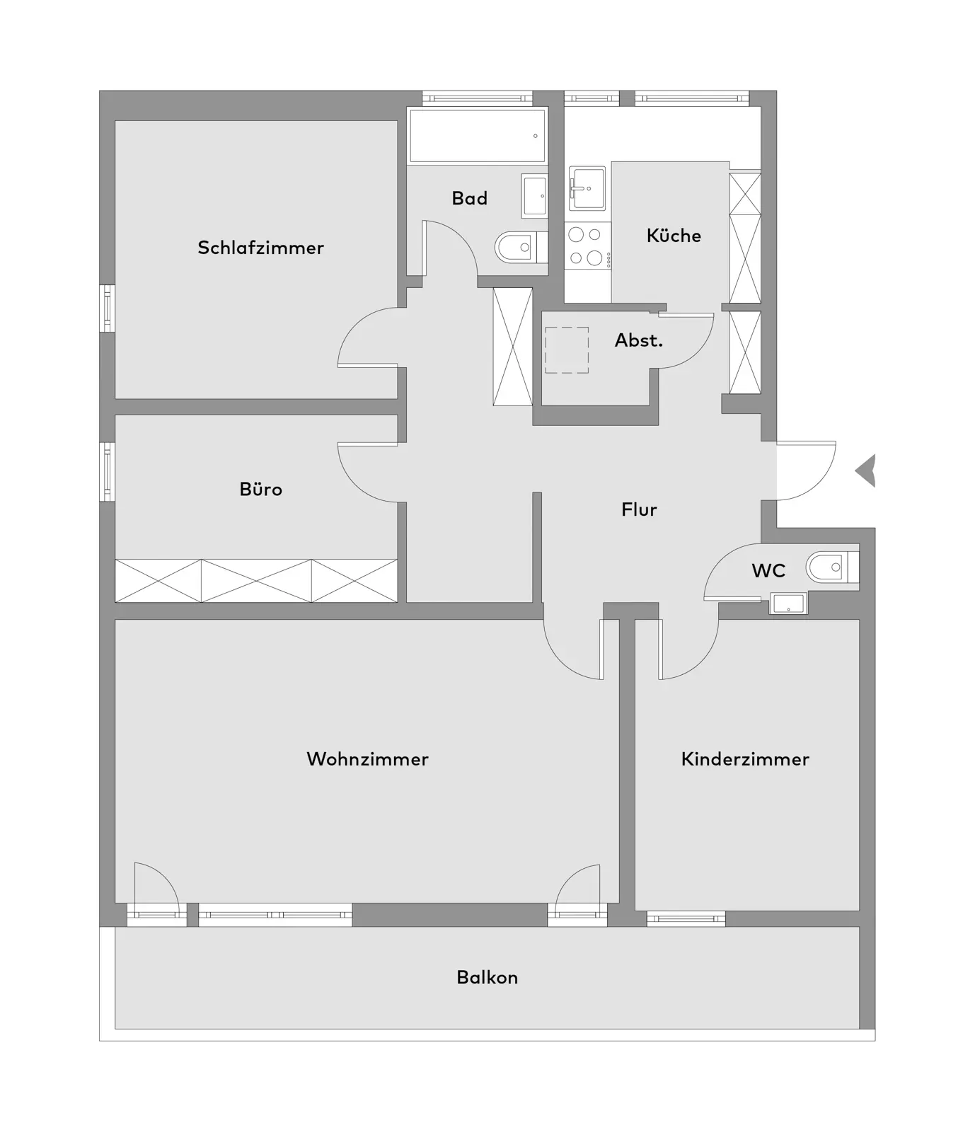 Schwarz-weißer Grundriss einer Wohnung mit auf Deutsch beschrifteten Räumen: Schlafzimmer, Büro, Wohnzimmer, Balkon, Bad, Küche, Abstellraum, Flur, WC und Kinderzimmer.