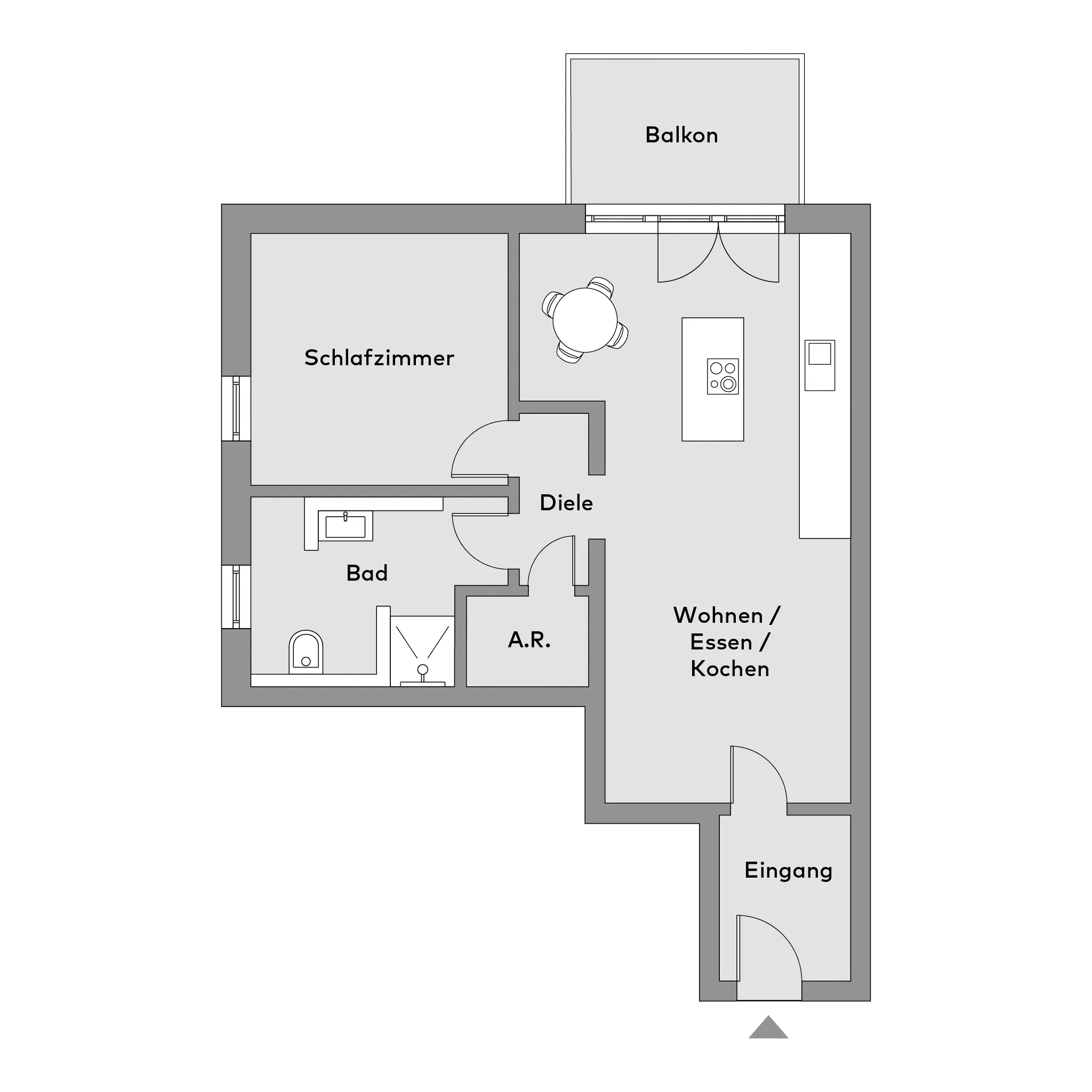 Schwarz-weißer Grundriss einer Wohnung mit Schlafzimmer, Bad, Abstellraum, Diele, Wohn-/Ess-/Küchenbereich, Balkon und Eingang.