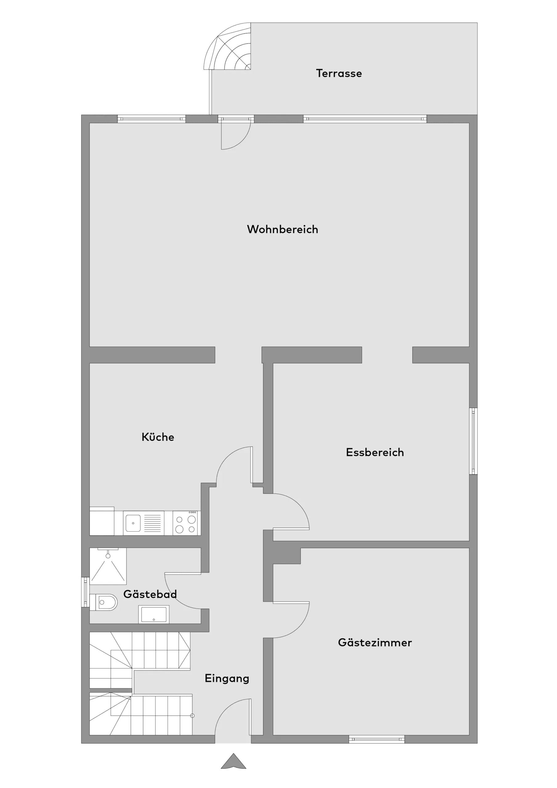 Schwarz-weißer Grundriss mit deutscher Beschriftung, der Terrasse, Wohnbereich, Essbereich, Küche, Gästezimmer, Gästebad und Eingang zeigt.