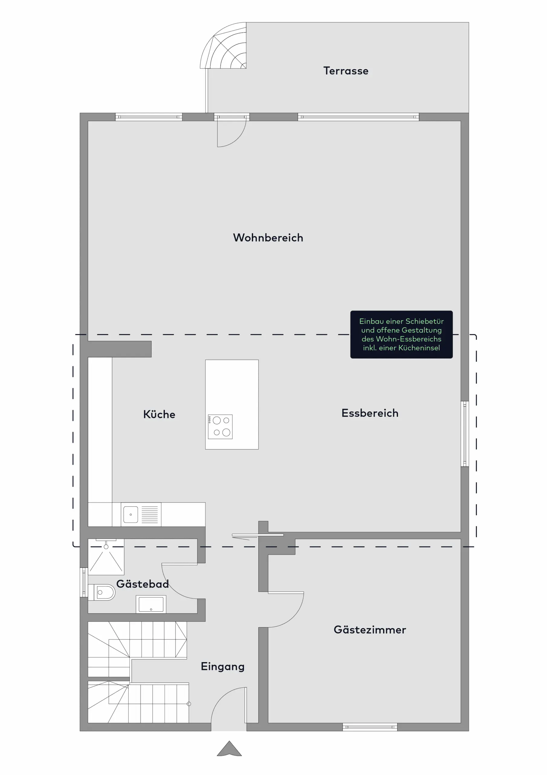 Grundriss eines Hauses mit Eingang, Gästebad, Küche, Wohn- und Essbereich, Gästezimmer und Terrasse, mit Beschriftungen in deutscher Sprache für jeden Raum.