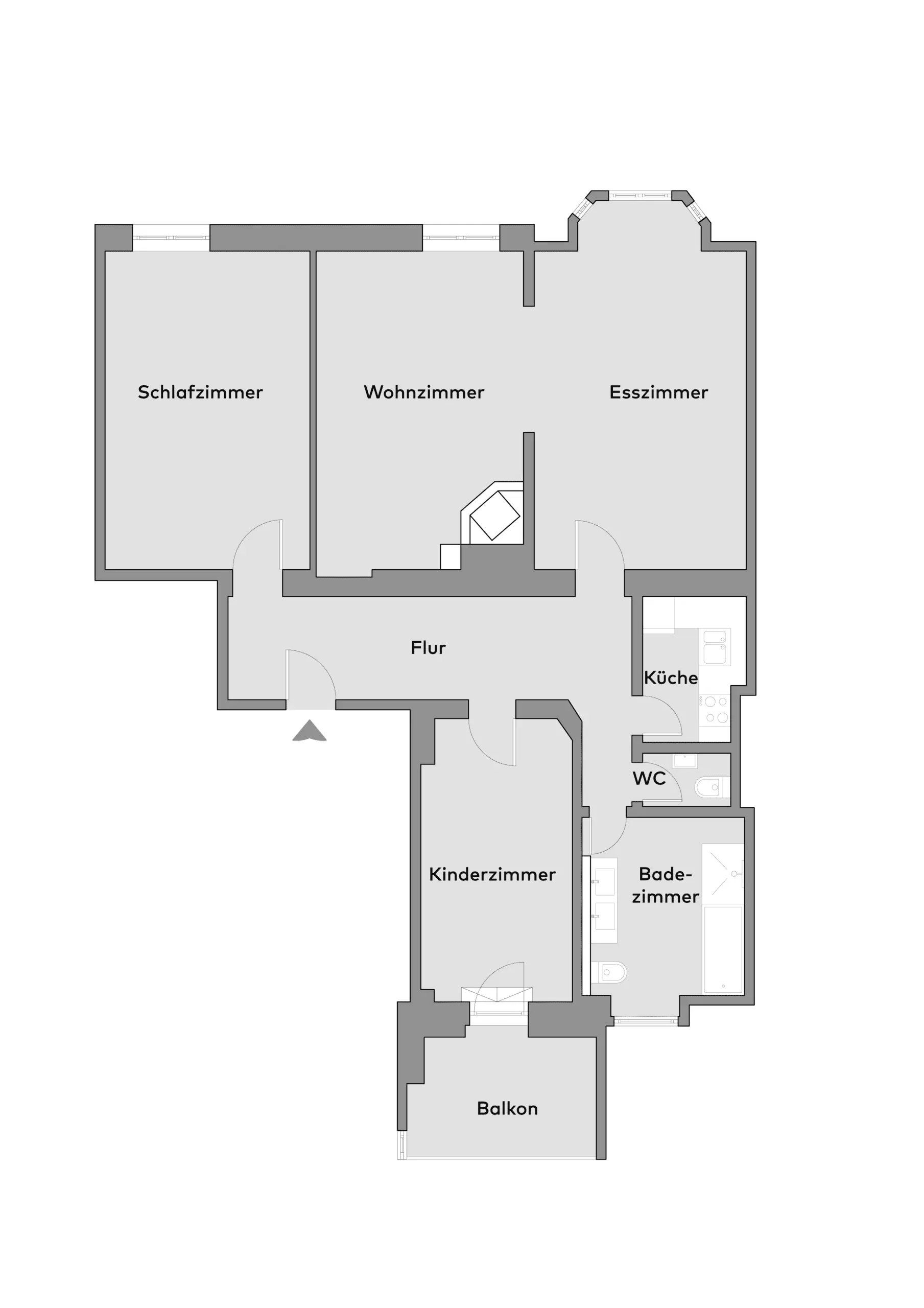 Schwarz-weißer Grundriss einer Wohnung mit beschrifteten Räumen: Schlafzimmer, Wohnzimmer, Esszimmer, Flur, Kinderzimmer, Balkon, Küche, WC, und Badezimmer.